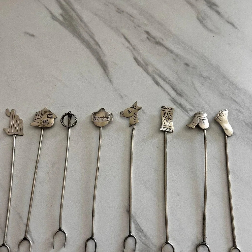 Vintage TAXCO Silver Olive Picks Forks Set of 8 Bar Ware Appetizers Mexico HHH